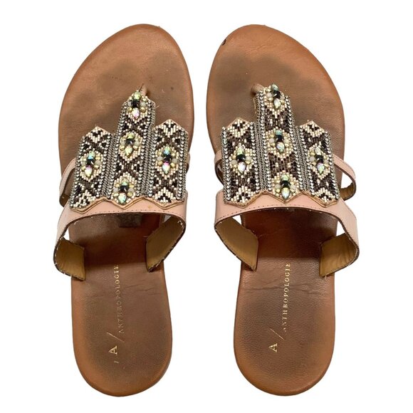ANTHROPOLOGIE Embellished Beaded Boho Thong Leather Sandals 39 8.5 Pink Brown - Picture 5 of 11